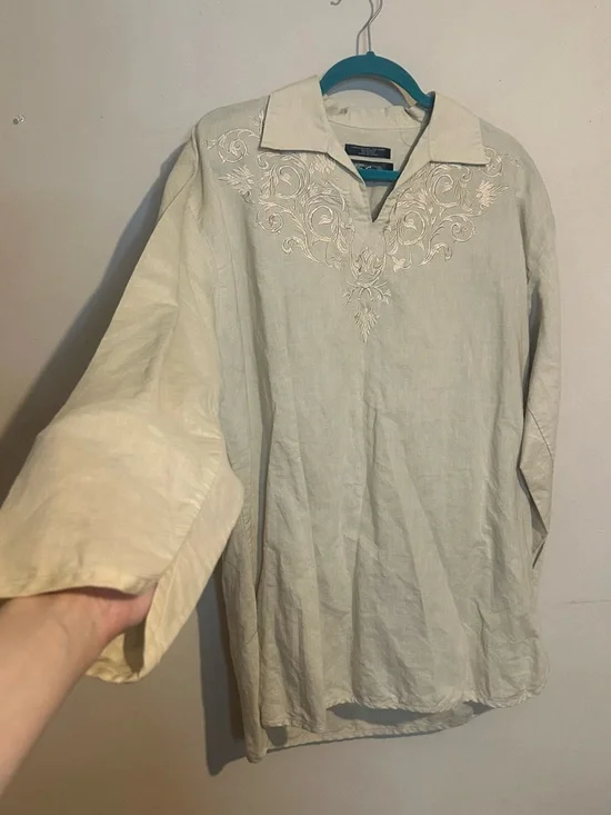 100% linen large Embroidered V-Neck Linen Tunic - Cream - Picture 1 of 5